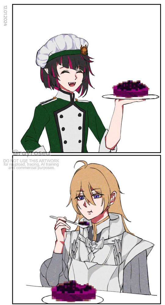 1st page: Lilia is wearing his chef uniform and happily presenting a toxic-looking dish. The food is blurred for how disturbing it is but Lilia still happily presents it in his hand. Knight of Dawn eats his cooked meal with a neutral expression.