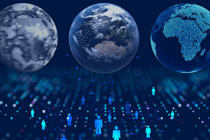 Three globes showing Earth: one pixelated, one showing a satellite view, one showing data points. Below icons of people connected by dots.