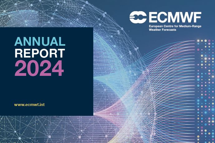 Extract from cover of ECMWF annual report 2024 depicting globe with digital network nodes and machine learning elements. Text: “Annual Report 2024. www.ecmwf.int.”