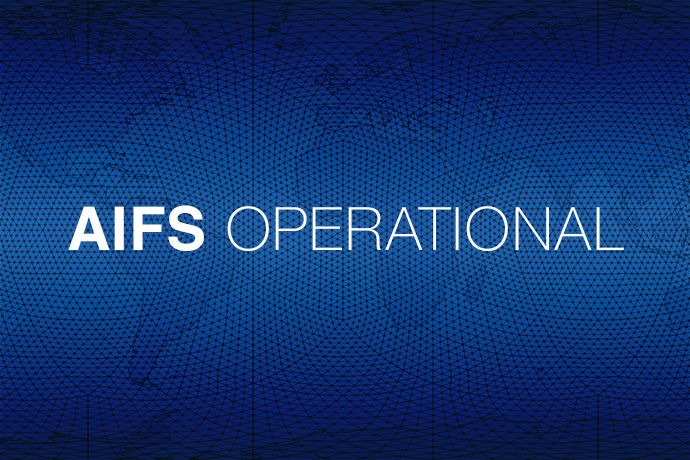 Background of world map with grid overlaid. Text: "AIFS operational"