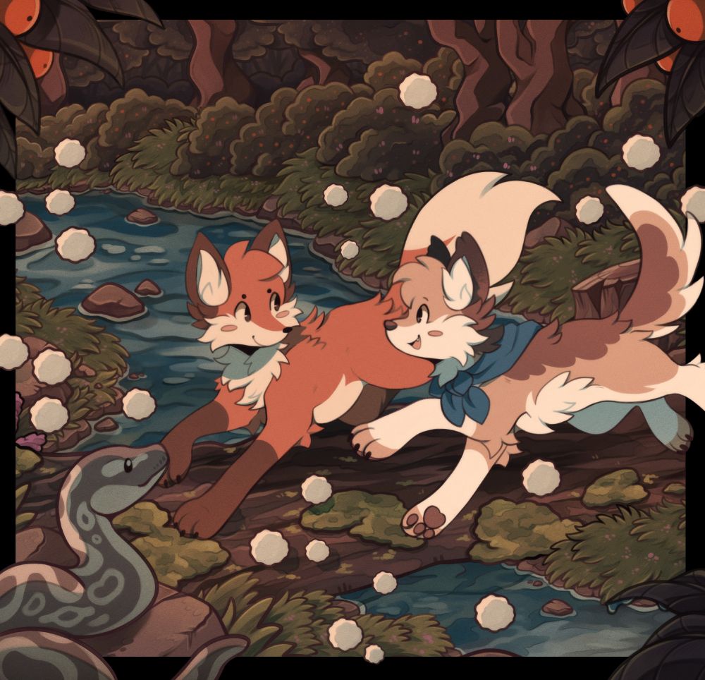 Drawing of my fox and dog characters running together