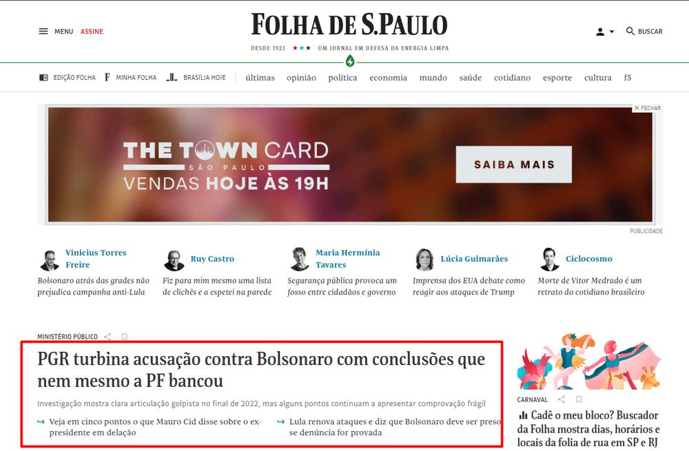 print da página inicial da Folha de São Paulo que mostra a seguinte manchete destacada: "PGR turbina acusação contra Bolsonaro com conclusões que nem mesmo a PF bancou"
