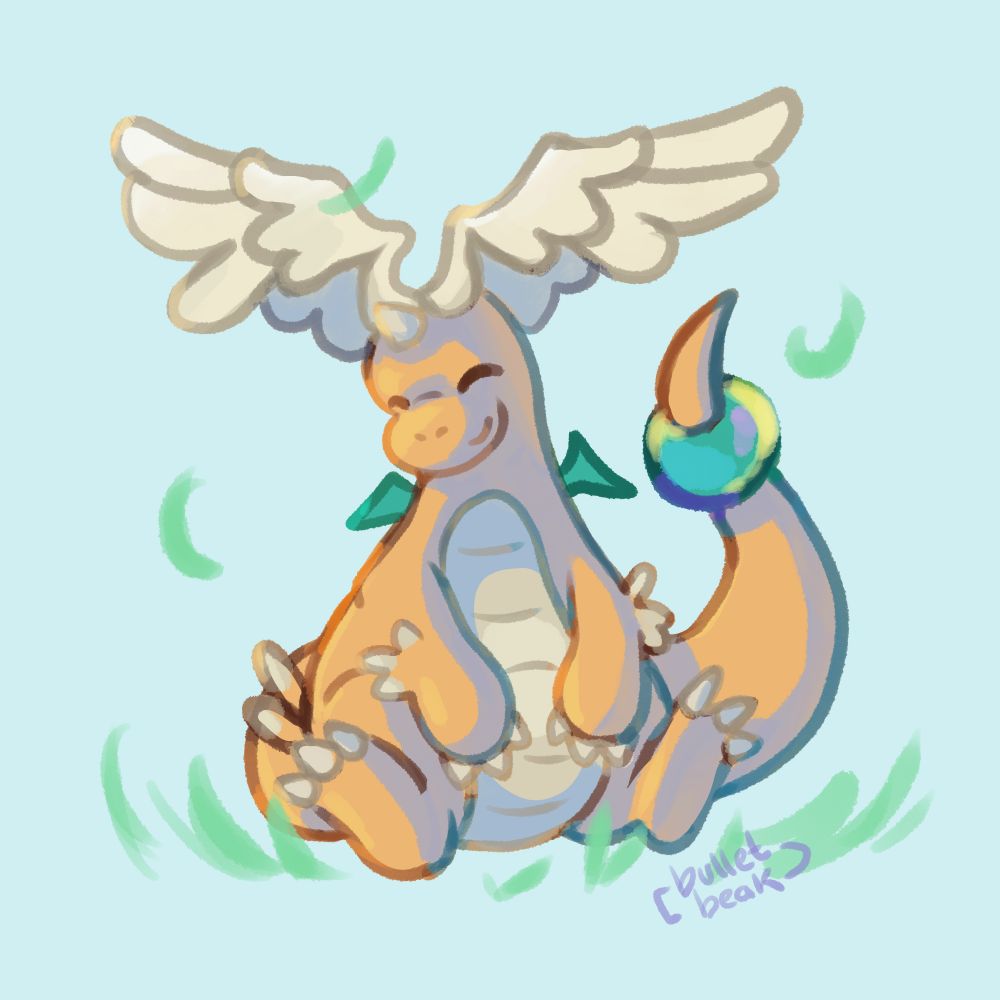 Fanart of the Pokémon dragonite in its mega form sitting in grass and smiling about.