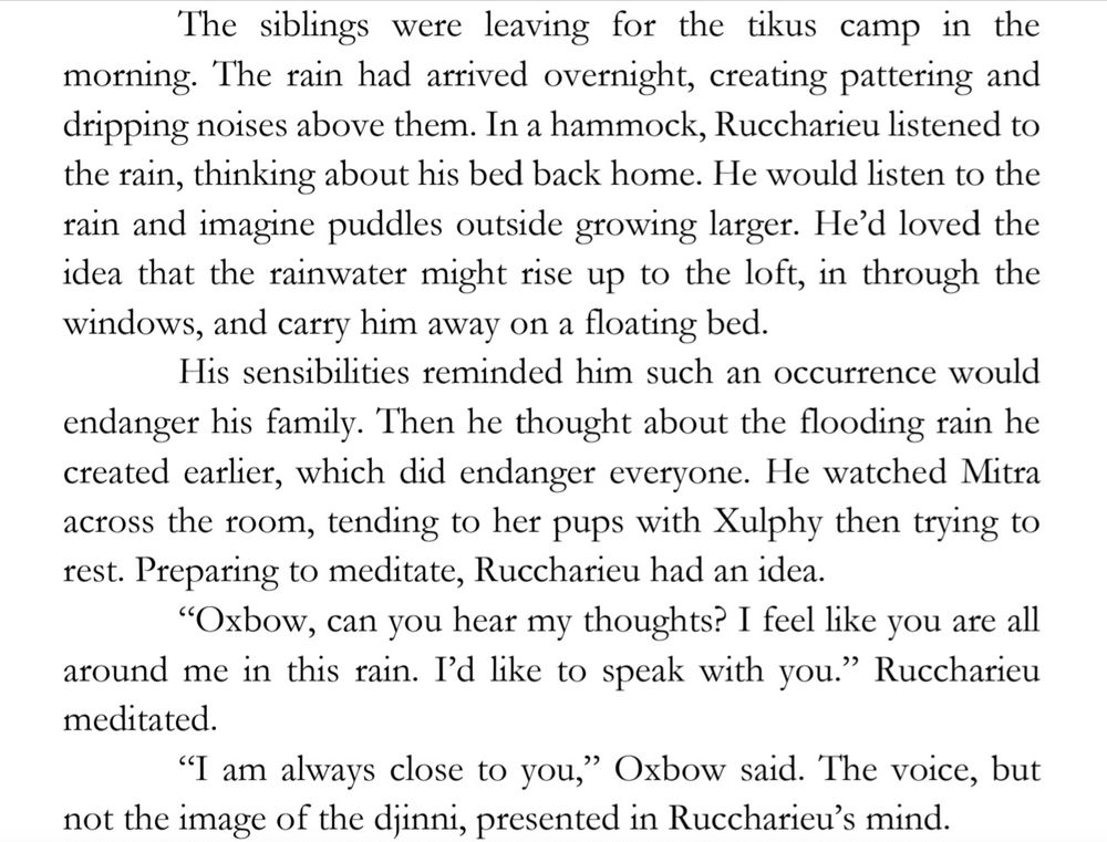 The siblings were leaving for the tikus camp in the 
morning. The rain had arrived overnight, creating pattering and 
dripping noises above them. In a hammock, Ruccharieu listened to 
the rain, thinking about his bed back home. He would listen to the 
rain and imagine puddles outside growing larger. He’d loved the 
idea that the rainwater might rise up to the loft, in through the 
windows, and carry him away on a floating bed.
His sensibilities reminded him such an occurrence would 
endanger his family. Then he thought about the flooding rain he 
created earlier, which did endanger everyone. He watched Mitra 
across the room, tending to her pups with Xulphy then trying to 
rest. Preparing to meditate, Ruccharieu had an idea.
“Oxbow, can you hear my thoughts? I feel like you are all 
around me in this rain. I’d like to speak with you.” Ruccharieu 
meditated.
“I am always close to you,” Oxbow said. The voice, but 
not the image of the djinni, presented in Ruccharieu’s mind.