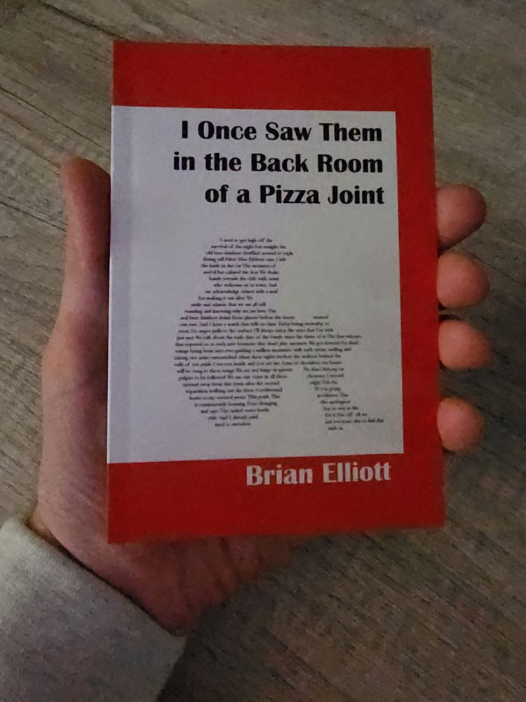 Book cover artwork of "I Once Saw Them in the Back Room of a Pizza Joint", minimalist red, black, and white design, featuring word-art of a silhouette person sitting and hugging knees