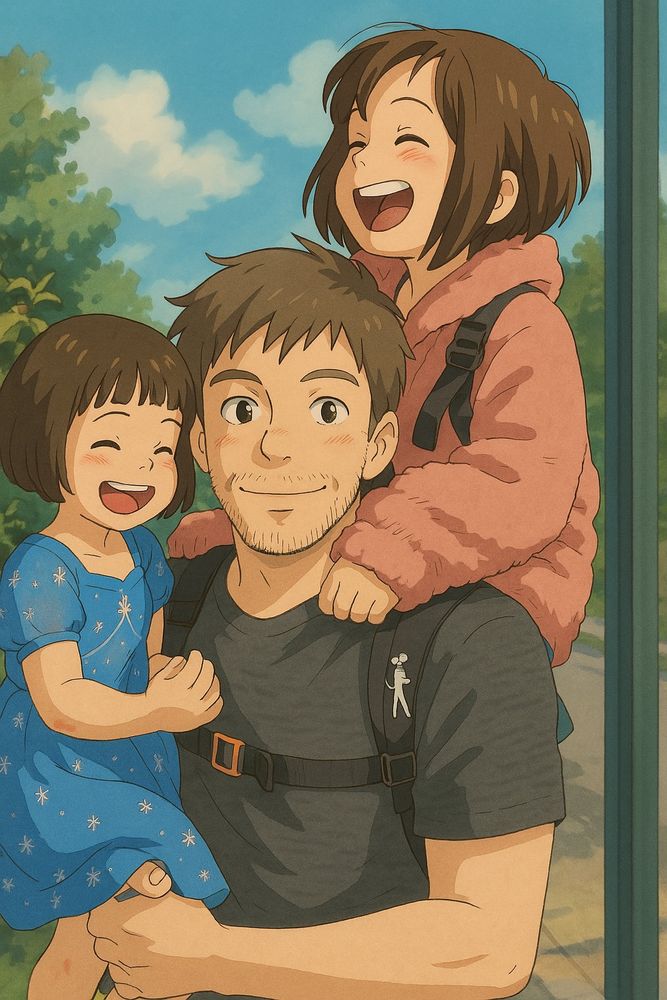 a Ghibli style filter image of a father holding his two daughters 