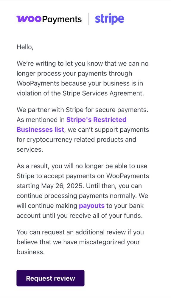 Stripe email sent to a merchant informing him that Stripe is no longer accepting transactions from his computer hardware business