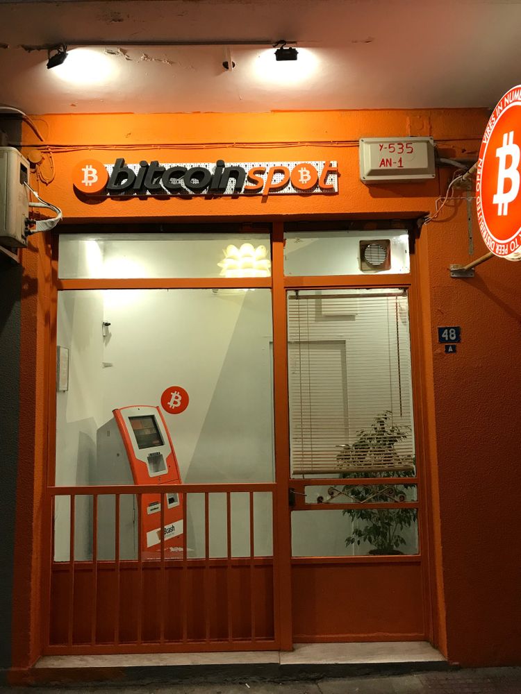 Night capture of a storefront, housing a Bitcoin ATM

The sign reads “Bitcoin Spot”