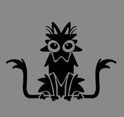 Drawing of a black cat with two tails and large eyes. Very symmetrical 