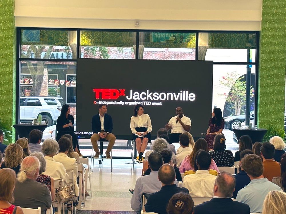 TEDxJacksonville panel — from left: moderator Laura Phillips Edgecombe, Alex Sifakis, Kady Yellow, Ennis Davis, AICP, and Sondra R. Fetner. 

