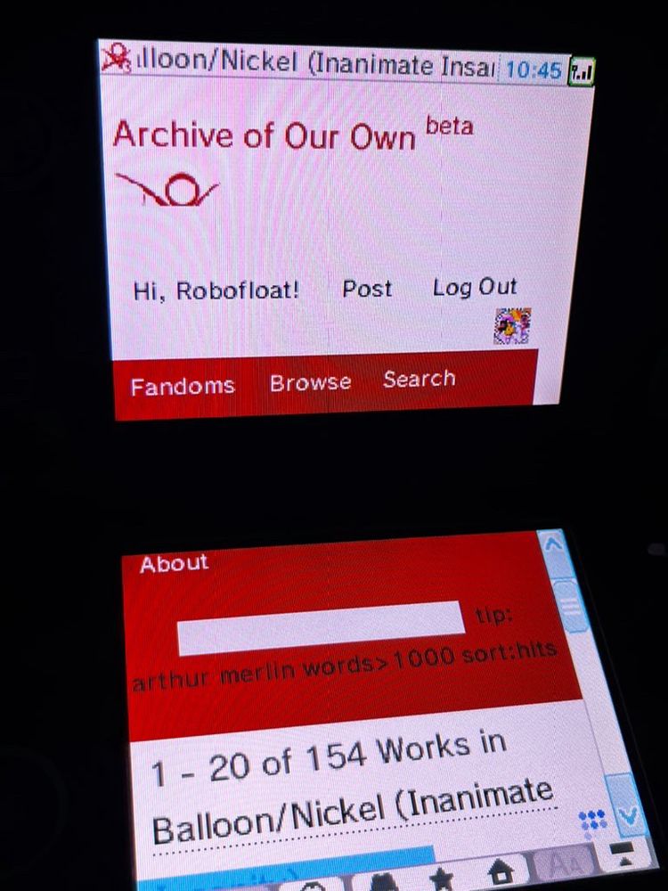 Archive Of Our Own (AO3) open on a Nintendo DSi XL browser. The key search reads “Works in Balloon/Nickel (Inanimate Insanity)”