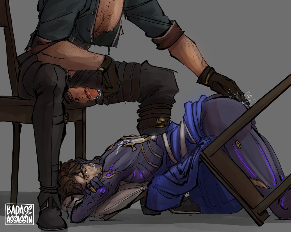 Viktor bent over an overturned chair, Jayce fingering as he sits in a chair in front of Viktor. His spent covering Viktor's back as he sits there clothes half undone.