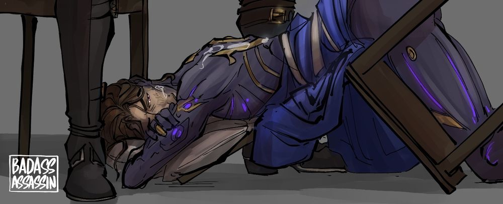 Viktor bent over a toppled chair. Jayce seated in a chair over him. 
