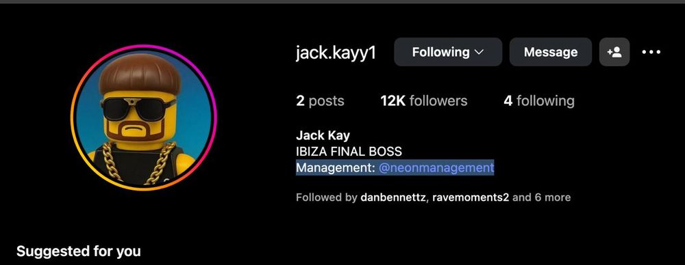 Jack Kay AKA Ibiza Final Boss's IG profile header. It says he has management. `His profile is him as a lego character. 