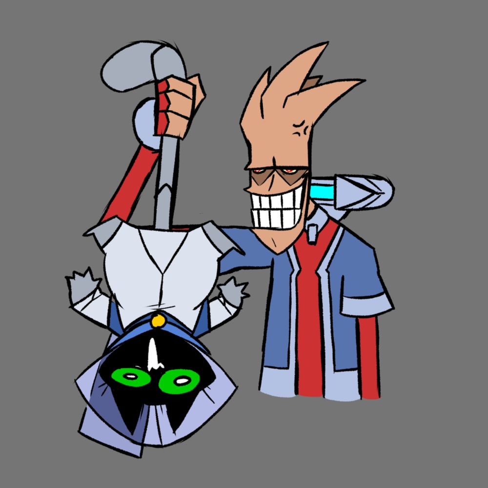 Two characters from the Indie show Monkey Wrench; Shrike Sanchez and Scratch. 

Shrike is holding Scratch up by the tail, the former with an expression akin to that of someone who is on the cusp of loosing their marbles but restraining that rage with a forced smile, while the latter seemingly is completely and entirely bamboozled about being subject to the whims of the funny phenomenon known as being upside down. 


