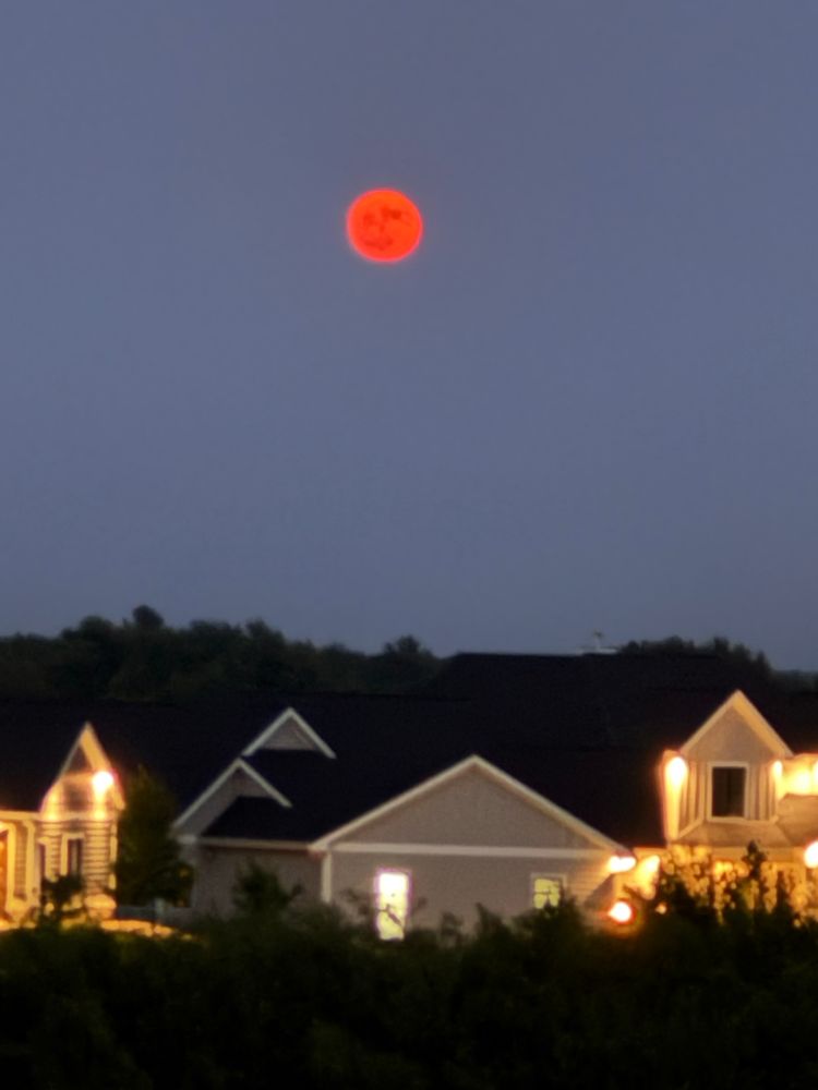 Some houses with lights glowing and a reddish moon not far above. 