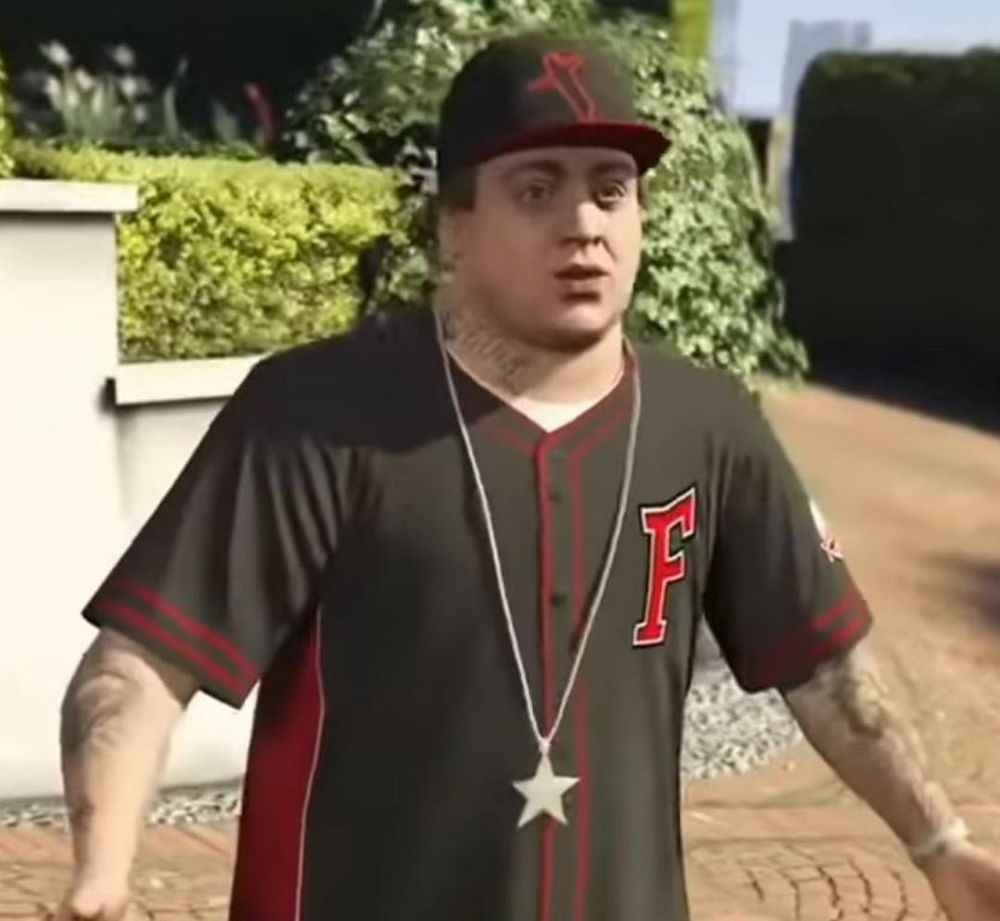 Michael's son Jimmy from GTA V. He has a cap, gold star chain, a baseball shirt and tattoos on his arms. 