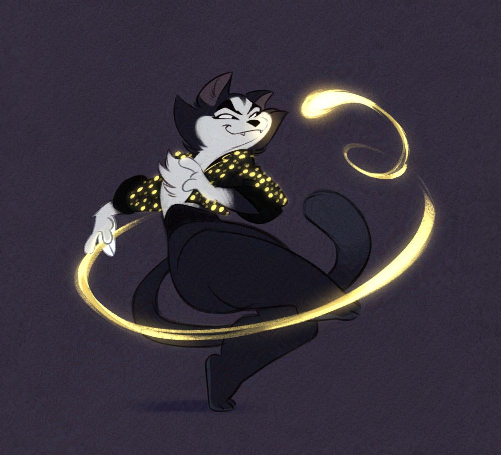 Mister Mistoffolees dancing with a spiraling swirl of magic. He smirks at the ball of magic, as if it has a mind of its own