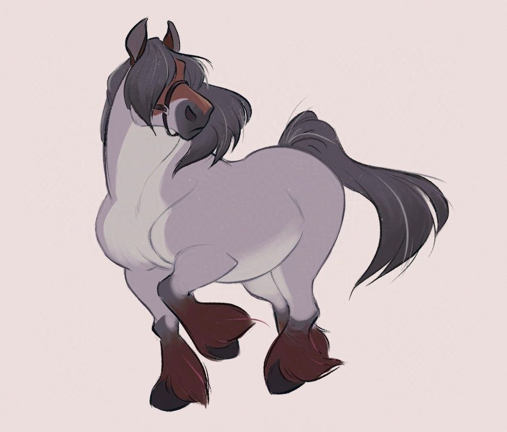 Colored illustration of a draft horse (sorry, I can't remember the breed). Its eyes are covered by its mane. It seems to have noticed something offscreen to the right.