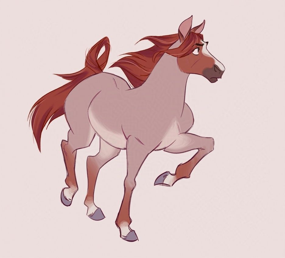 Colored sketch of a horse, strawberry roan breed, looking ahead tentatively, left front leg raised as if stepping forward.