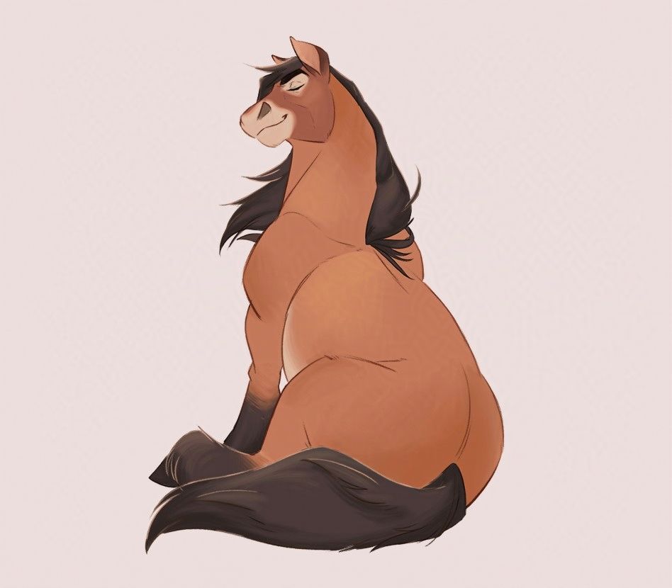 Colored sketch of a belgian draft horse sitting with its back turned towards the viewer (you). It looks over its shoulder, eyes closed, sly smile, in a haughty manner.