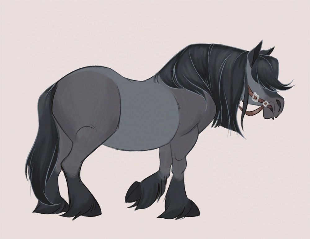 Colored sketch of a thick bodied blue roan horse. Its eyes are covered by its mane, like bangs, and it wears a bridle in its mouth.