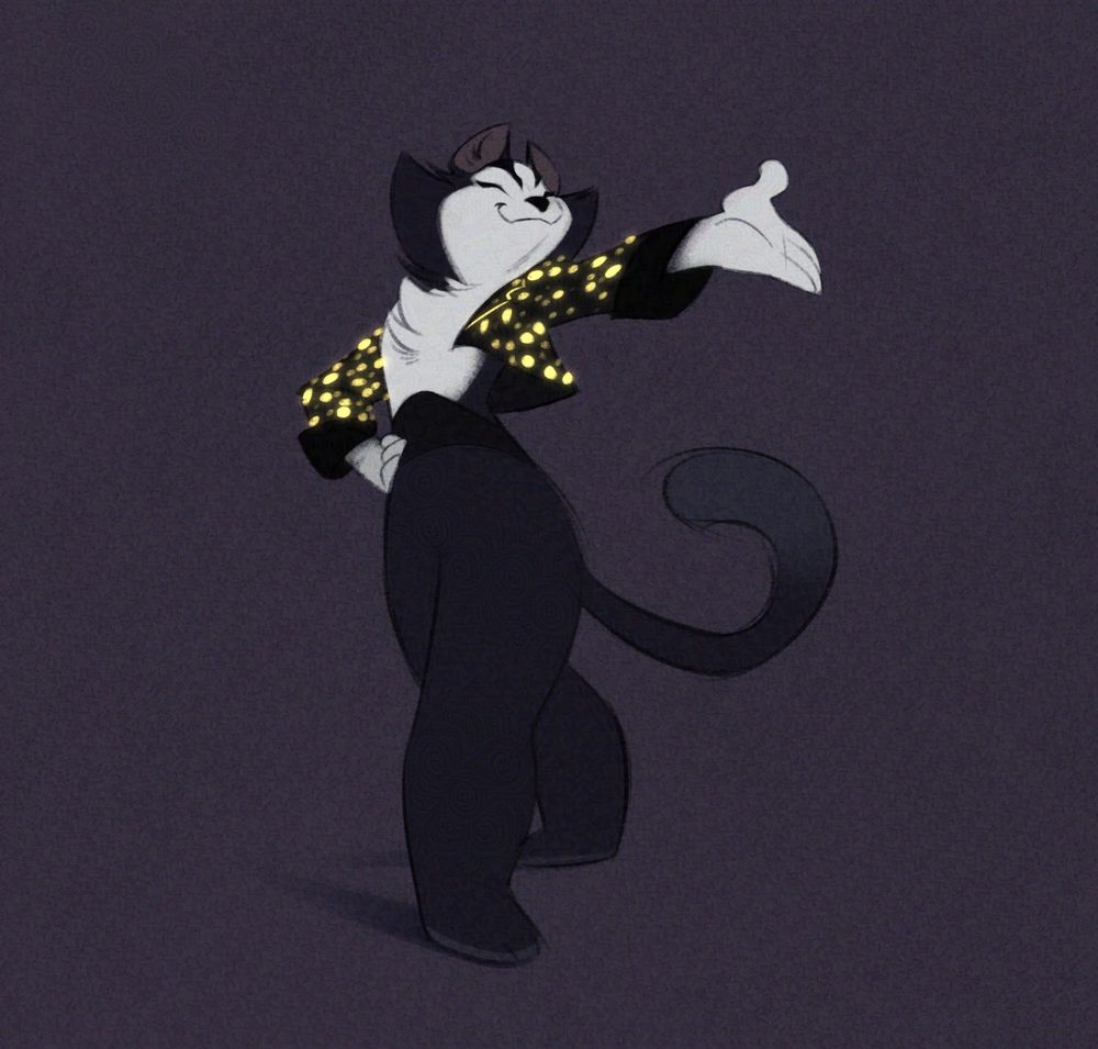 Cartoony illustration of Mister Mistoffolees from the broadway musical CATS. He wears a sparkling gold and black jacket and stands with one arm on his hip and the other arm raised in a "Ta-da!" pose