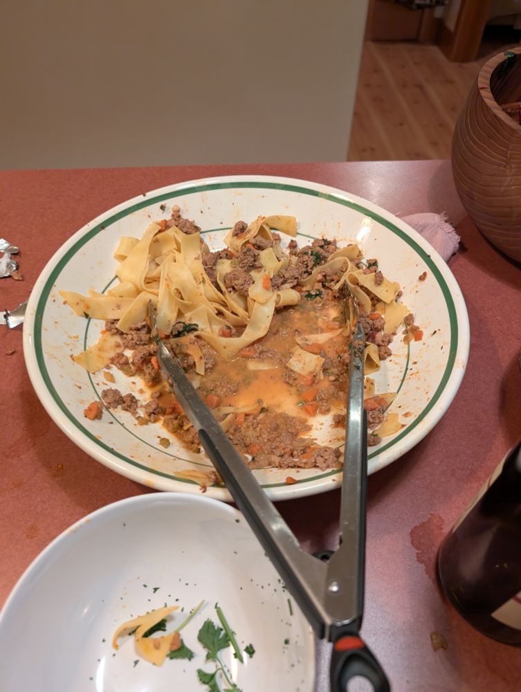 Some pasta and meat sauce in a big bowl
