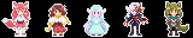 5 Roleplay Characters made in a pixel-art style in a line.
