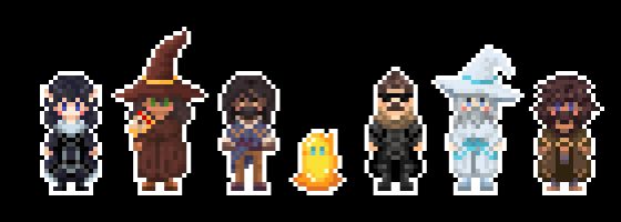 A lineup of 7 RP characters in the style of Pixelart.
Elf, Wizard, Fighter, Slime, Fighter, Warlock, Monk.