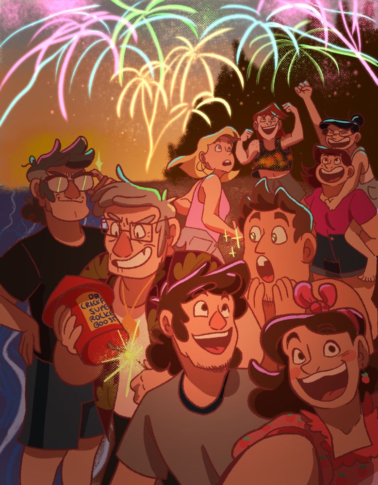 characters from gravity falls are posing for a picture at the beach at sunset. stan is lighting a big firework while soos watches on in awe. pacifica, wendy, candy and grenda are cheering in the back. 