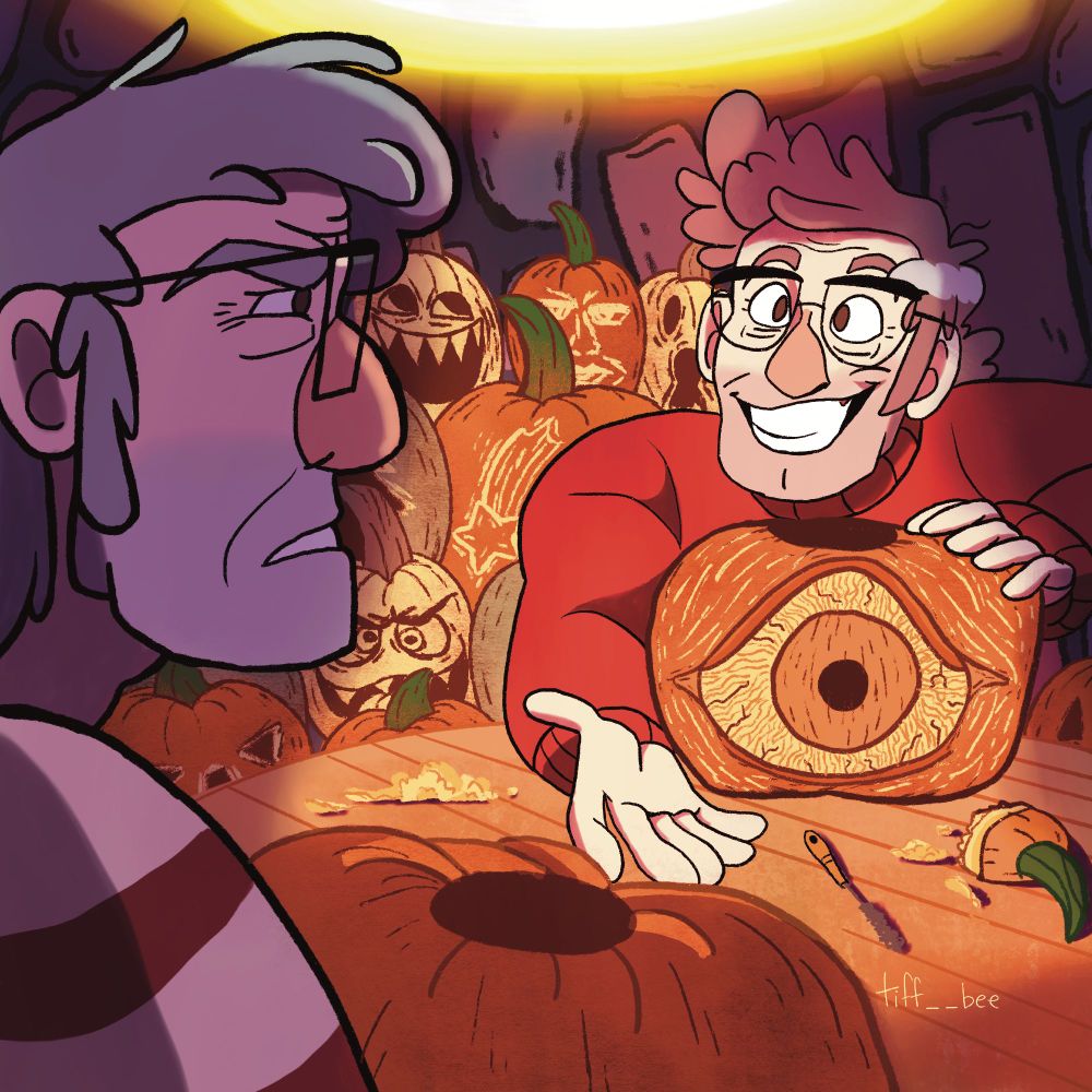 Stanford is presenting his carved pumpkin to Stanley with a wide crazed grin on his face. Stanley looks on with a disgruntled expression. The two are sitting at a wooden table with pumpkin bits strewn about the surface. they are surrounded by more carved pumpkins with differing faces and designs