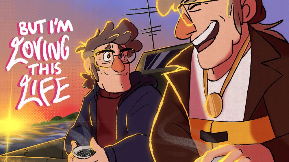 stanford and stanley from gravity falls are standing at the rail of their sailboat, both holding a cup of coffee. ford is smiling up at stan while stanley is laughing. there's a sunset and a faraway island in the background. the lyrics read "but i'm loving this life"
