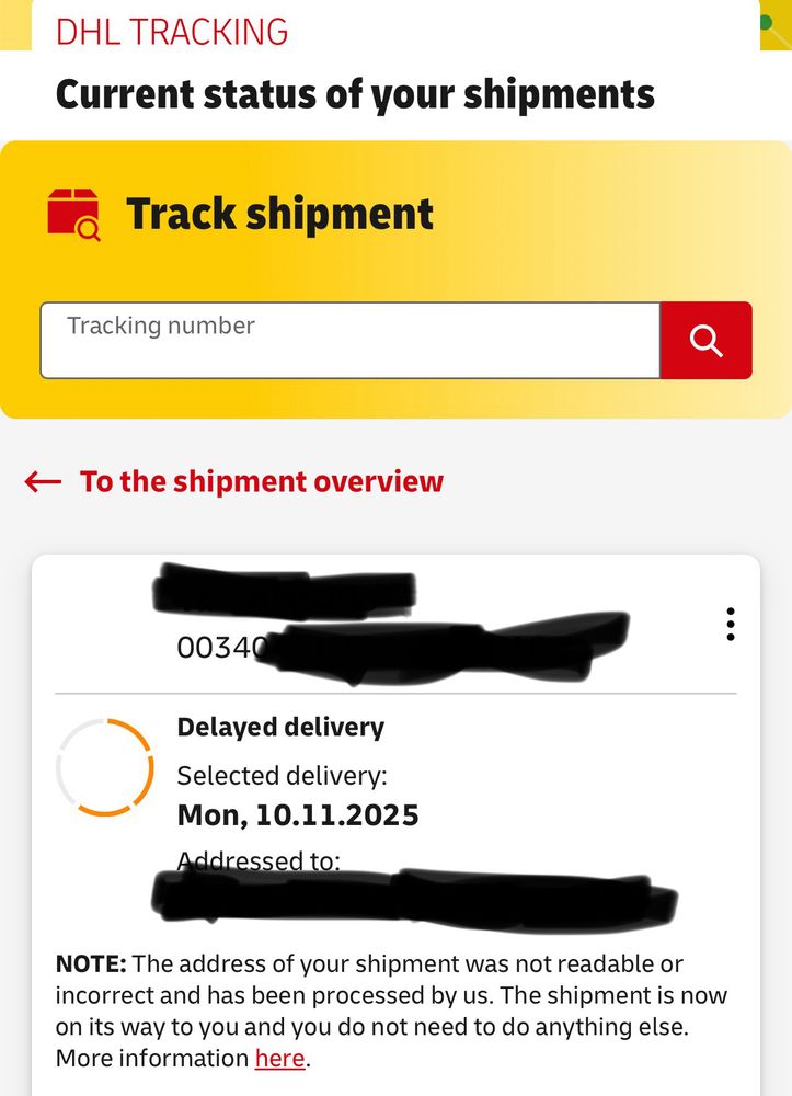 Screenshot of package tracking status 
