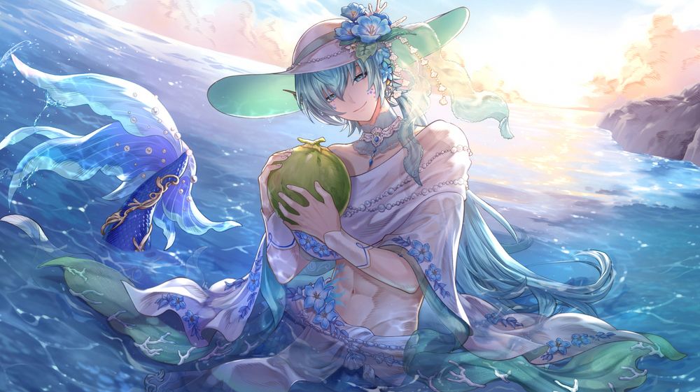 A cartoon merman in the water holding a coconut
