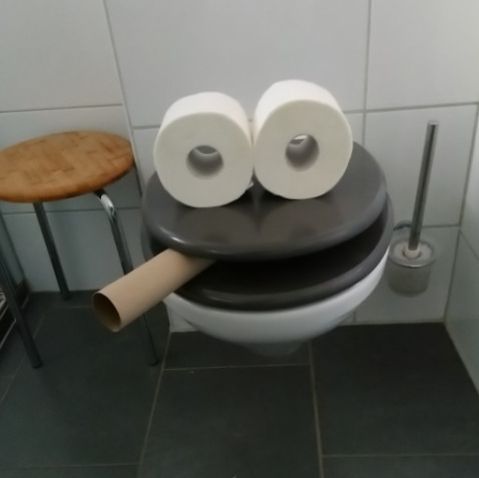 Toilettensitz mit zwei liegenden Toilettenpapierrollen auf dem Deckel und einer leeren Hülse, die unter dem Deckel klemmt. Sieht aus wie ein grinsendes Gesicht mit Zigarette.