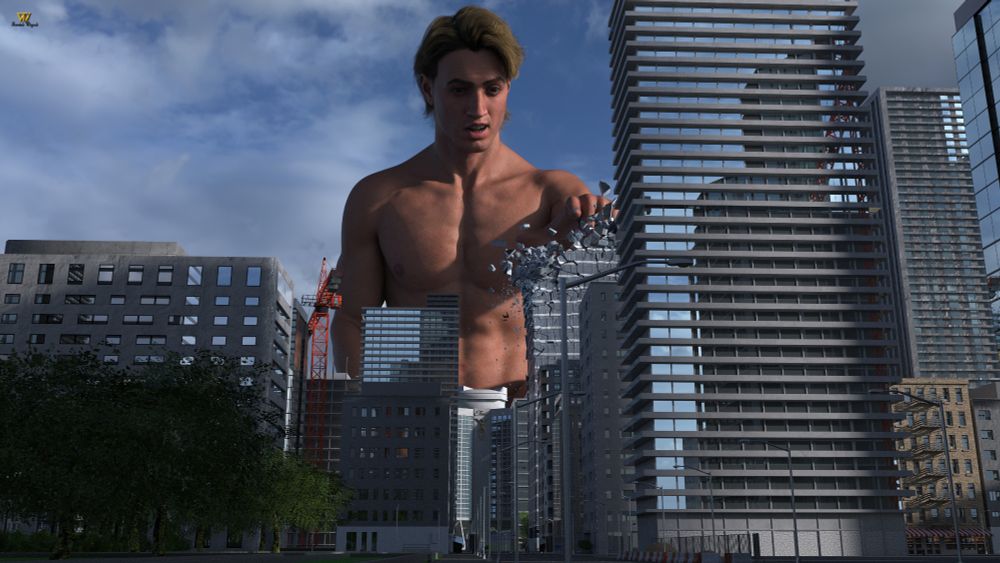 The 3.4 mile tall giant found a tiny city and kneeled down in front of some skyscrapers. He touched a building only to see it fall apart with just a tap.
If you look closely you can see a person falling to there death.