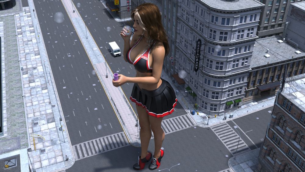 Giantess blowing blowing bubbles in a city with a little man trapped in one.