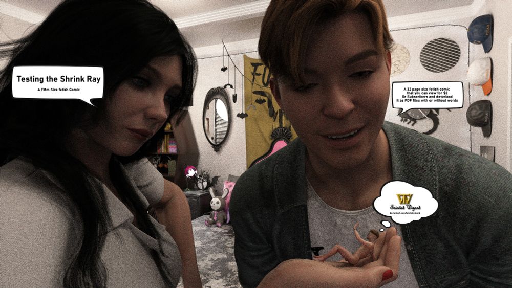 Couple hold a tiny man as they talk about the comic I made.