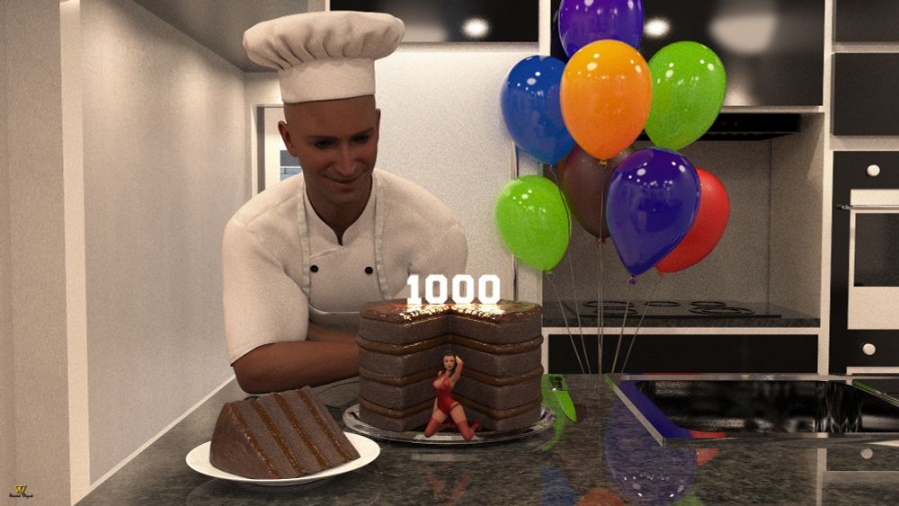 A tiny woman posing in front of a cake with light up numbers on it showing 1000.