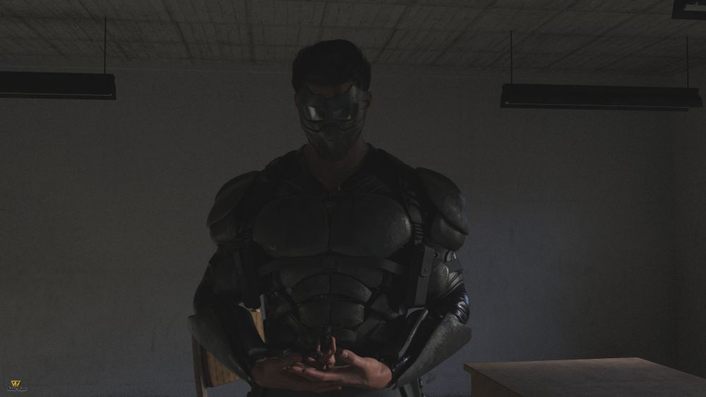 Tiny woman being held by a masked guy in a armored suit.