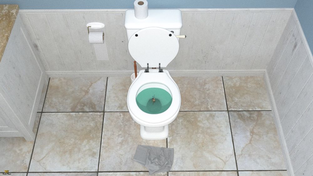 Tiny man trapped in a toilet.