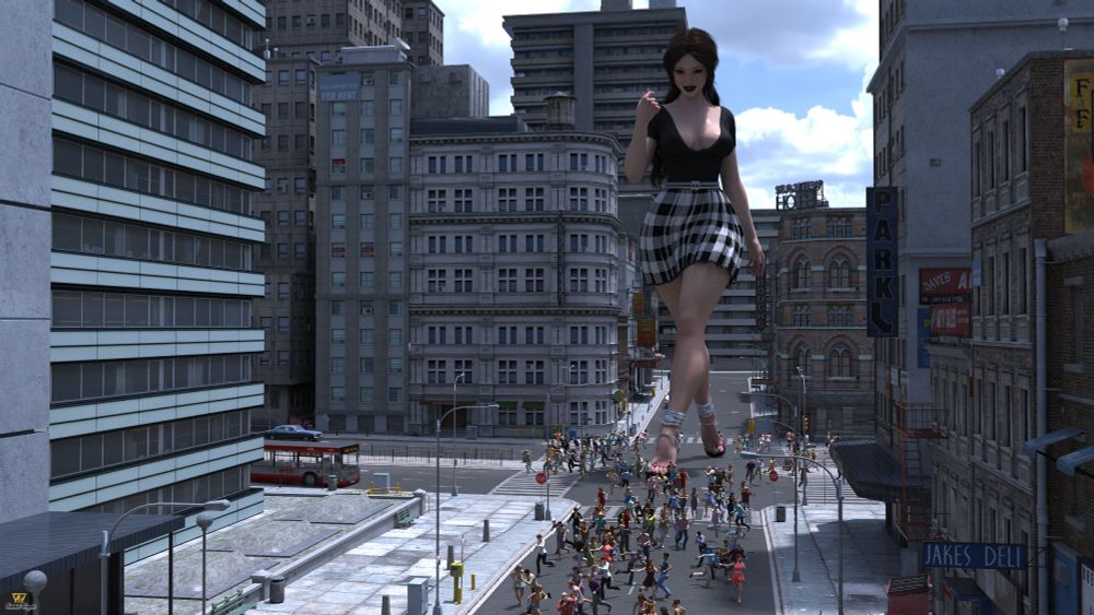 GIant woman walking down a street as people run from her.