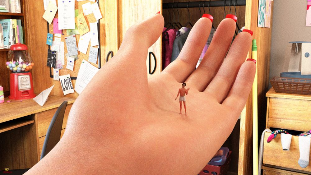 Tiny man found by his girlfriend waves to her from her palm.