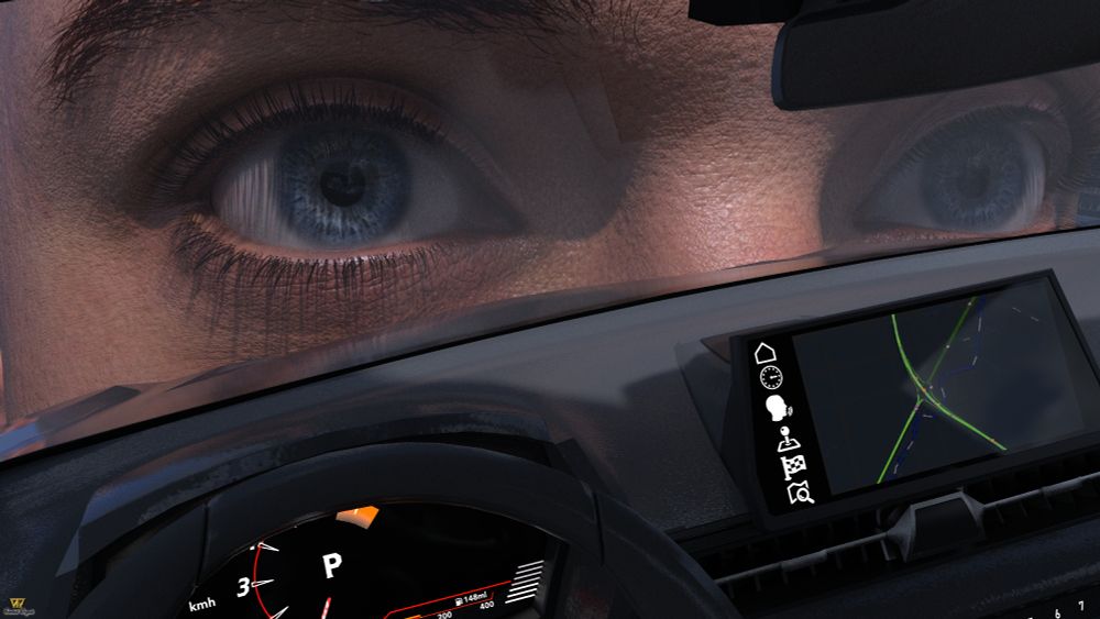 Your view from the car as the giant looks in at you.