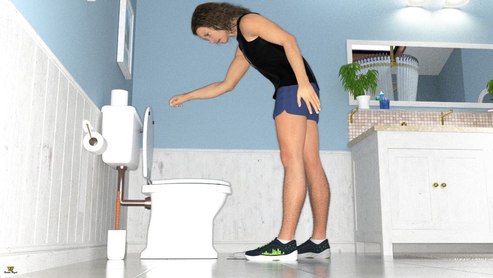 His roommate getting ready to flush and sees him.
