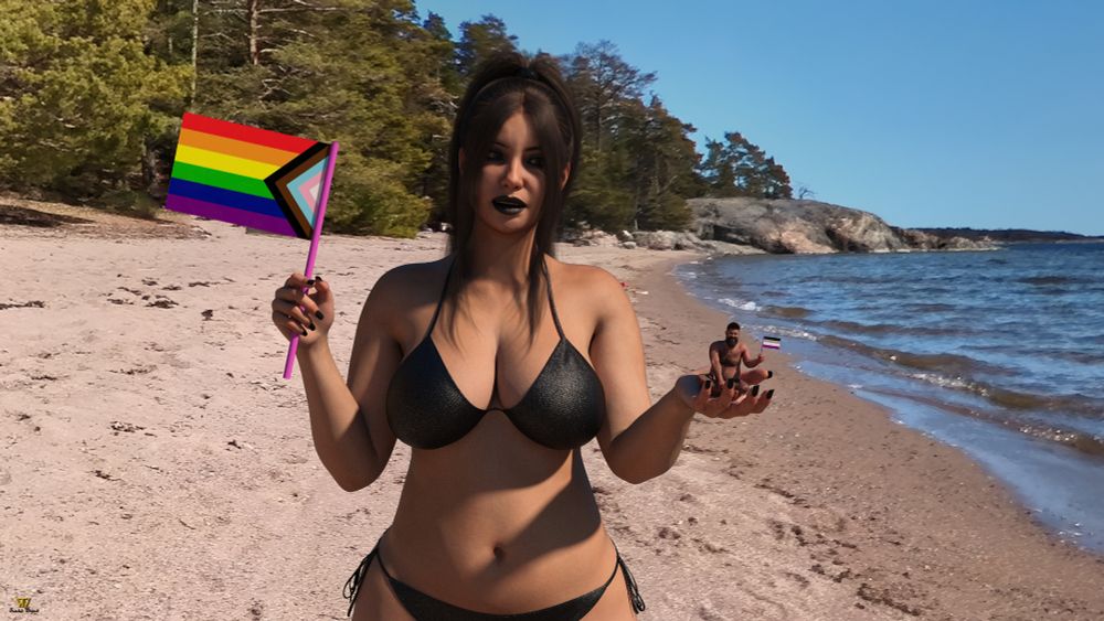 Tiny man being carried by his girlfriend on the beach. Each with pride flags.