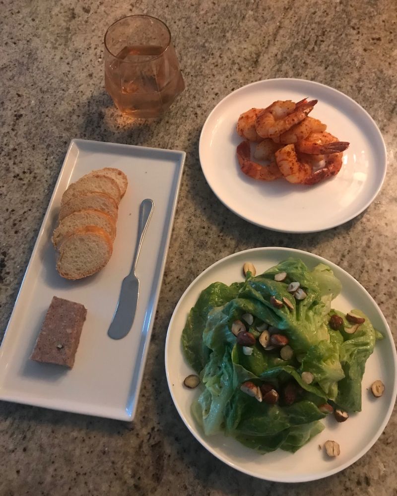 Espelette prawns, mustard dressing salad with toasted hazelnuts, bread & pate, glass of rosé 
