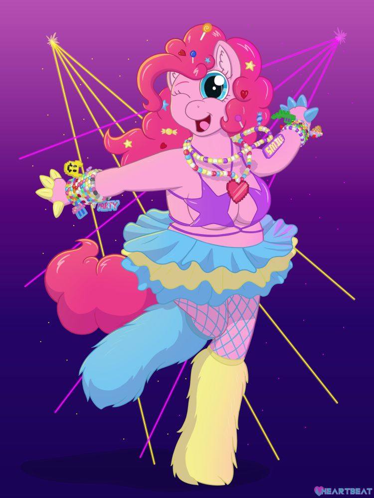 A chubby, anthro Pinkie Pie is dancing at a rave in a full rave outfit. Complete with a blue and yellow tutu, fuzzy boots, purple star-shaped bra. and small trinkets like stars hearts, and candy in her mane. Her lower arms are covered in kandi bead bracelets with pearlers.