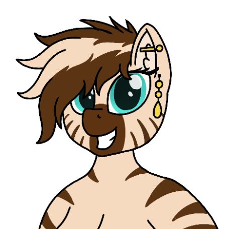 A WIP screenshot of a brown MLP zebra OC with a wild mane, teal eyes, and earrings.